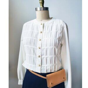 90's Liz Claiborne Collection White Long Sleeved Crew Neck Blouse Gold Buttons M